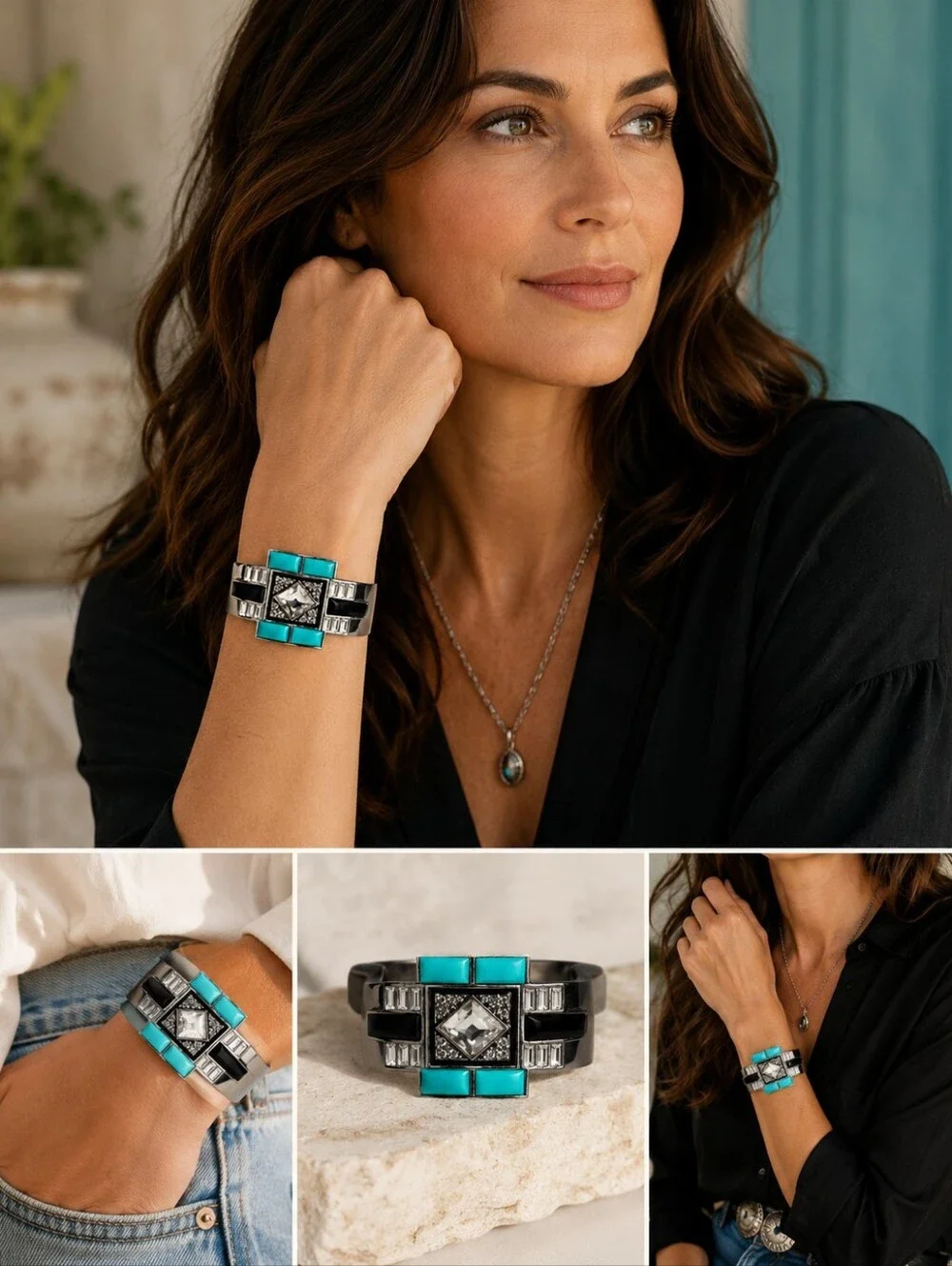 Lia Sophia Geometric Statement Cuff Bracelet Silver Tone Turquoise Black Crystal